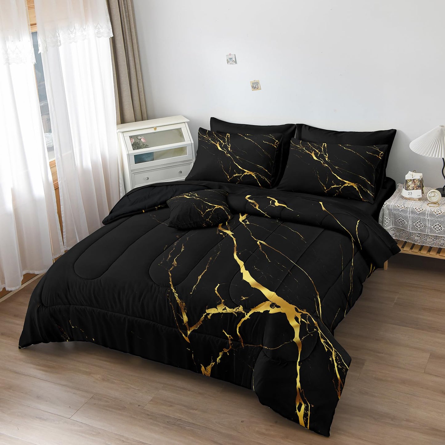 Merryword 8 Pcs Bed in a Bag Black Marble Comforter Set Full Size Gold Metallic Bedding Set