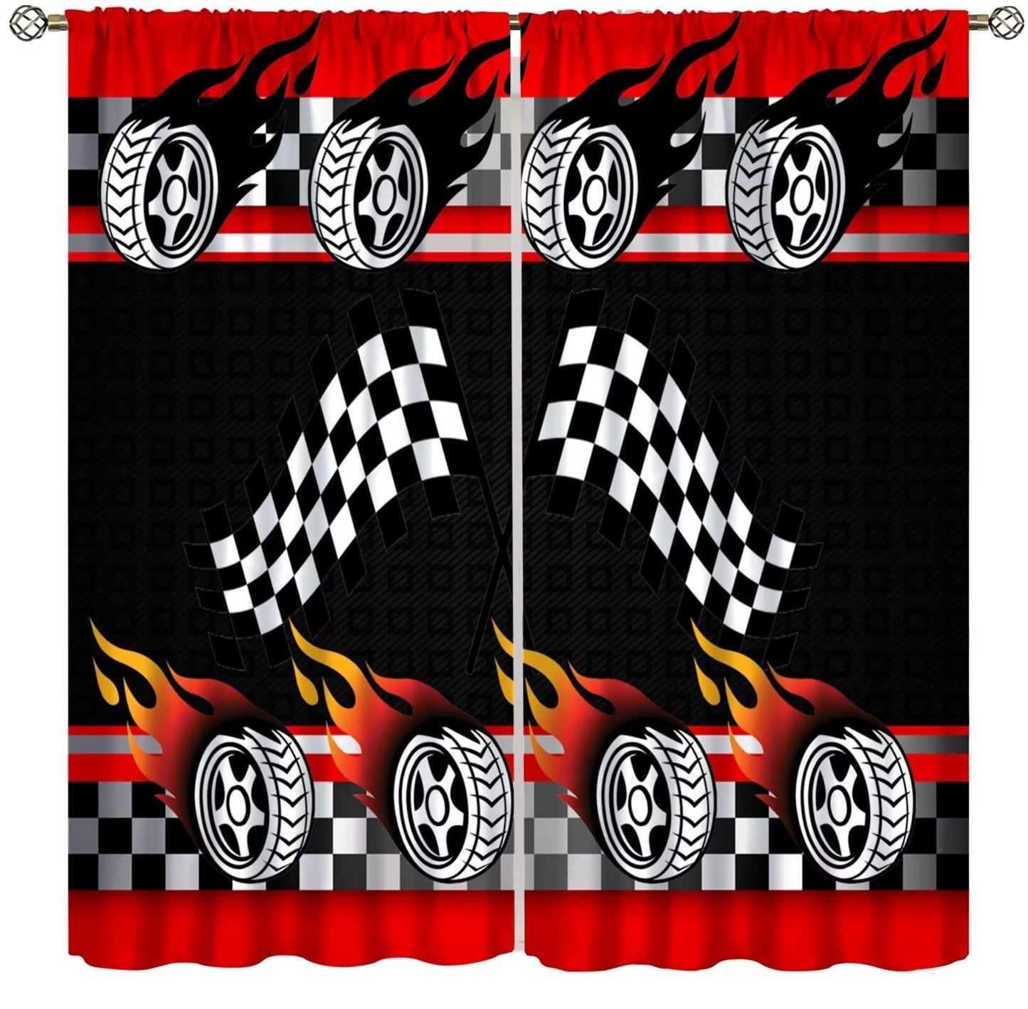 ICMOLYYENLO Racing Kids Curtains Boys Red Racing Bedroom Curtains Race Track Flag Pattern Living Room Curtains Set of 2 42x45 Inches