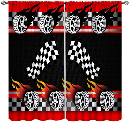 ICMOLYYENLO Racing Kids Curtains Boys Red Racing Bedroom Curtains Race Track Flag Pattern Living Room Curtains Set of 2 42x45 Inches