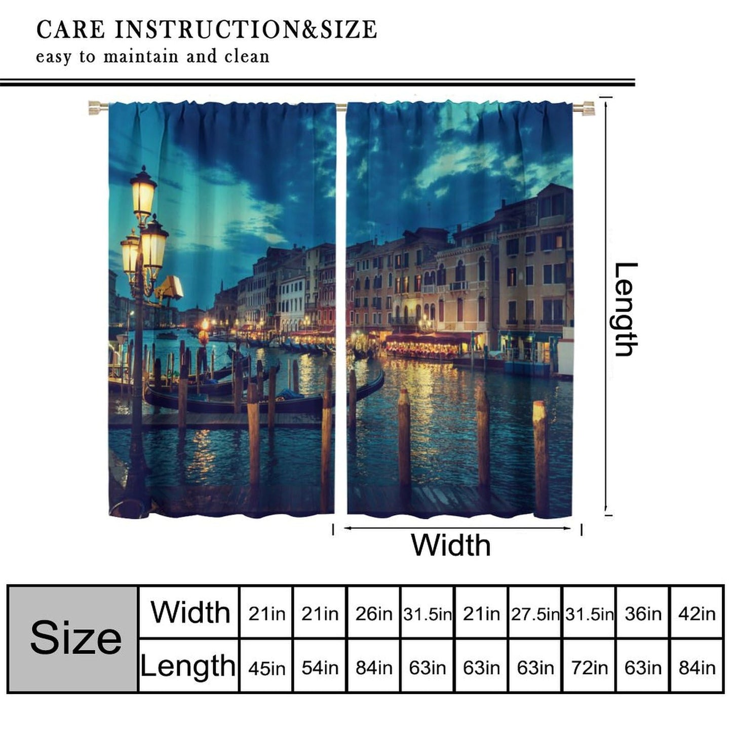 Venice Night Curtains, Night View of Architectural Waterways in Italian Cities in Europe Decor Windows Treatments, Thermal Insulation Rod Pocket Drapes For Boys Girls Bedroom Living Room 42x45in