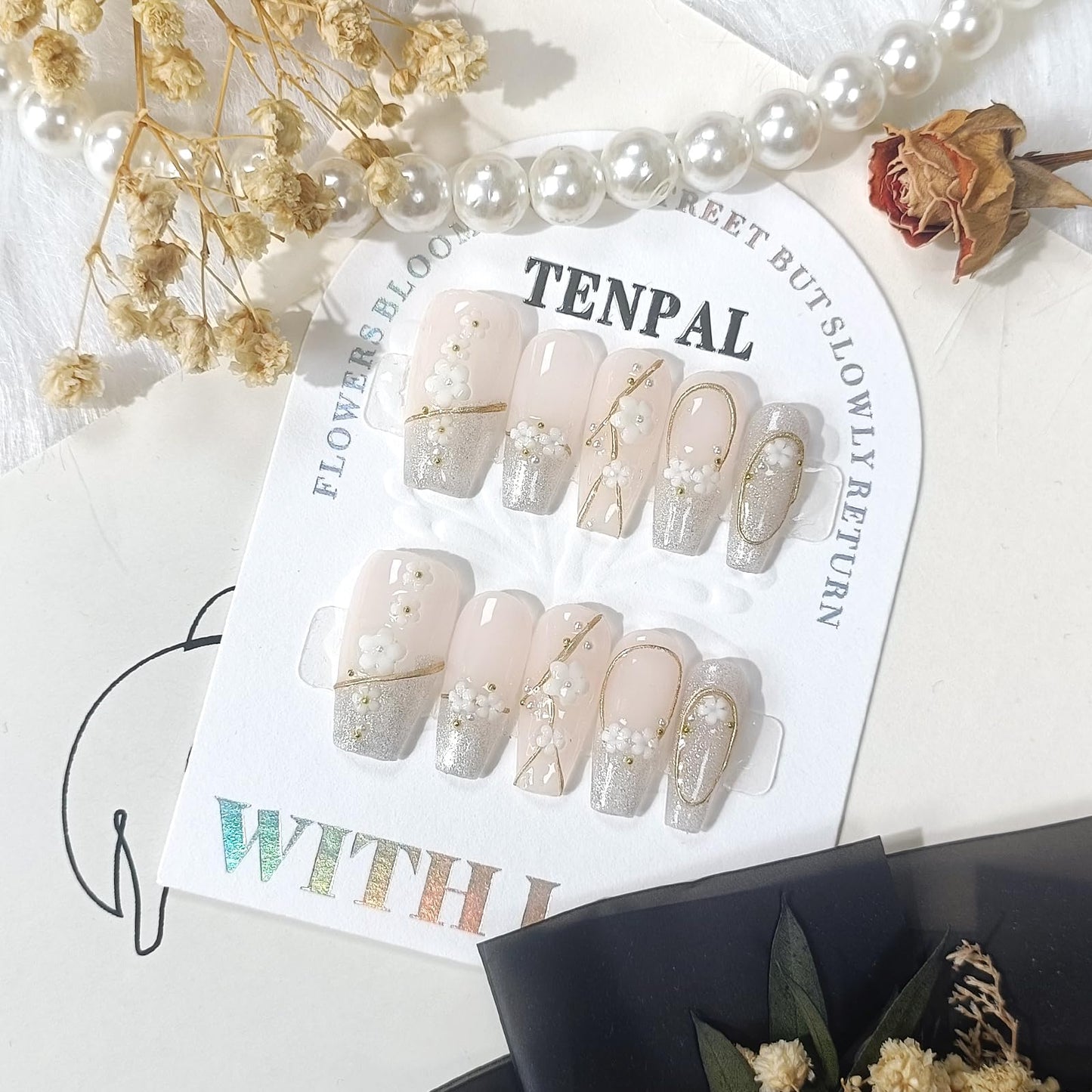 TENPAL 10PCS Soft Gel Press on Nails with Tools Kit,French Cat Eye Cherry Blossom 3D Gold Edge Fake Nails,Hand-Painted Sparkling Floral Design Glue on Nails,K-Style Medium Long Coffin False Nails(XS)
