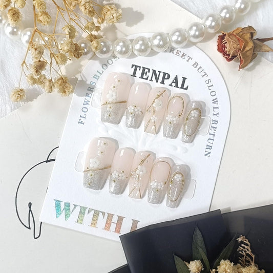 TENPAL 10PCS Soft Gel Press on Nails with Tools Kit,French Cat Eye Cherry Blossom 3D Gold Edge Fake Nails,Hand-Painted Sparkling Floral Design Glue on Nails,K-Style Medium Long Coffin False Nails(XS)