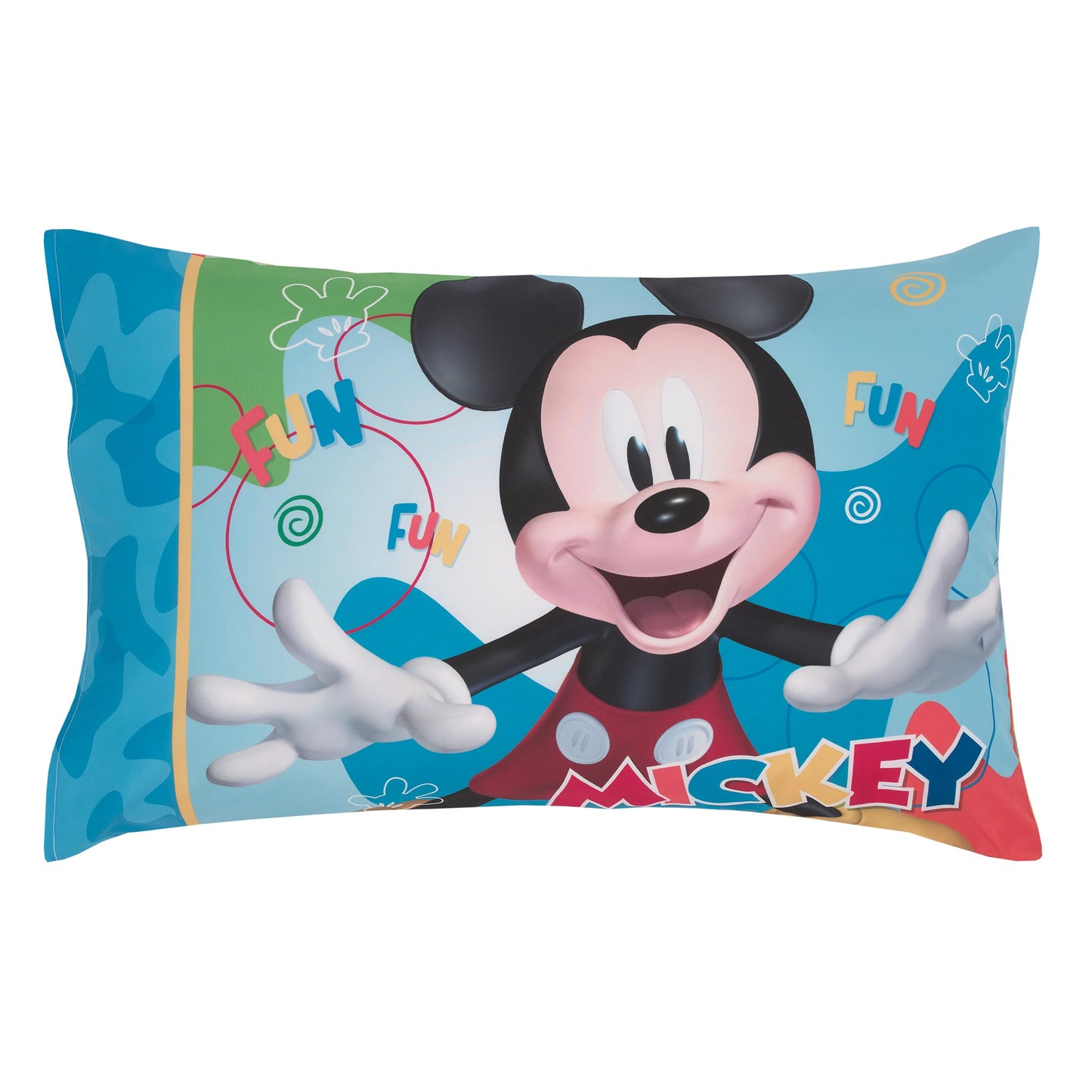 NoJo Disney Mickey Mouse Blue, Red, and Green, Donald Duck, Pluto, and Goofy, Fun Starts Here 4 Piece Toddler Bed Set - Comforter, Fitted Bottom Sheet, Flat Top Sheet, and Reversible Pillowcase