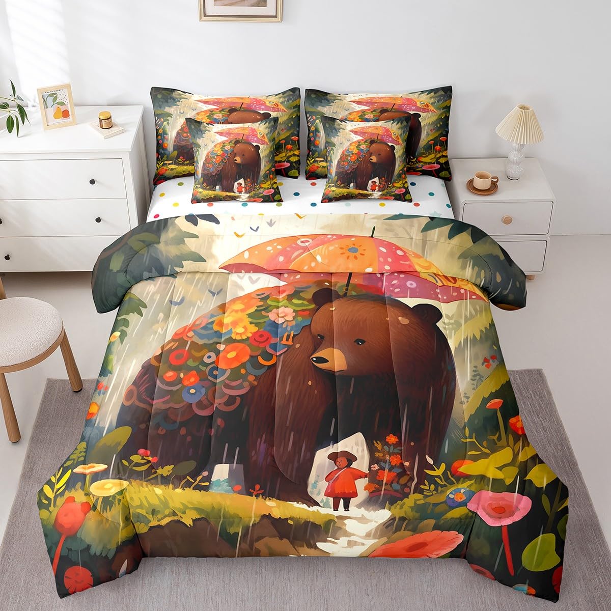 Erosebridal Kawaii Girl Bedding Set King Size, Cartoon Bear Comforter Set, Cute Bear Animals Flowers Kids Teens (Comforter+Fitted+Flat Sheet+2 Pillowcases+2 Throw Pillow Covers) 7 Pieces Bed Set