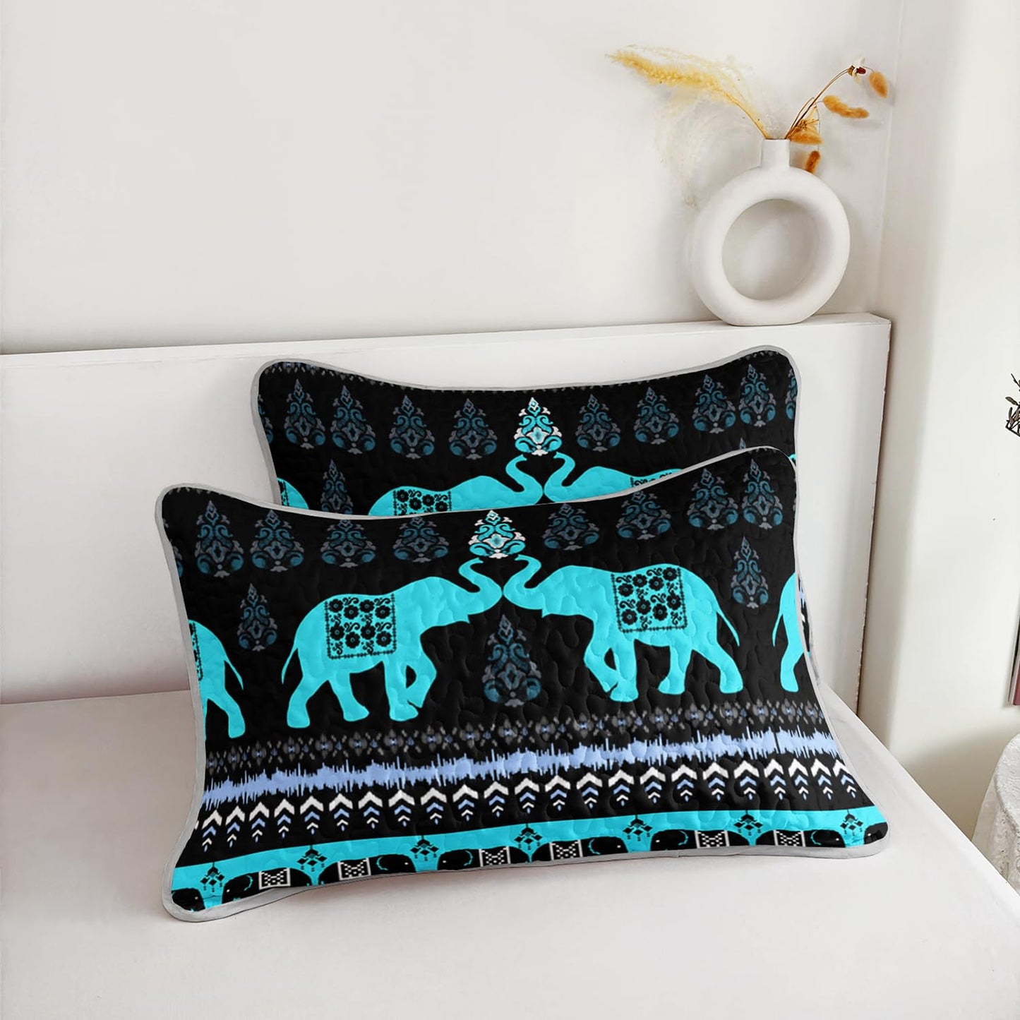UEVBF Blue Elephant Queen Quilted Bedding Sets,Boho Style Bedding Summer Quilt for Adults Kids,Soft Lightweight Exquisite Quilted Sets with 2 Pillowcases.