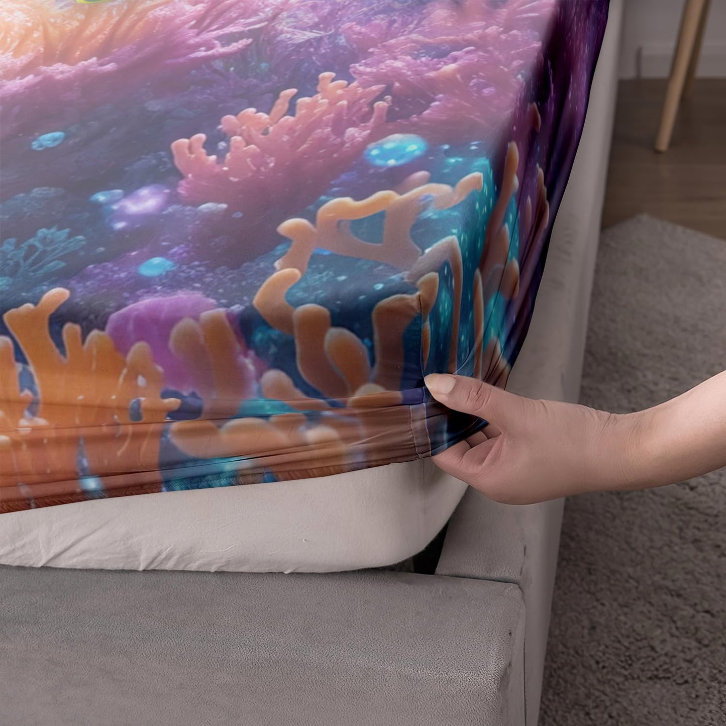 HOSIMA Sea Animal Bedding Set Turtle Fitted Sheet,Ocean Beach Theme Bedding Clownfish Coral Bed in A Bag Full Size for Adults Kids Coastal Granddaughter Bedding Full Sheets Deep Pocket.