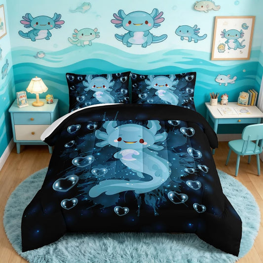 HOSIMA Axolotl Comforter Set Blue Axolotl Pattern Kawaii Bed Set for Kids Bedroom Decor,Twin Bed Set for Girls with 2 Pillowcases.