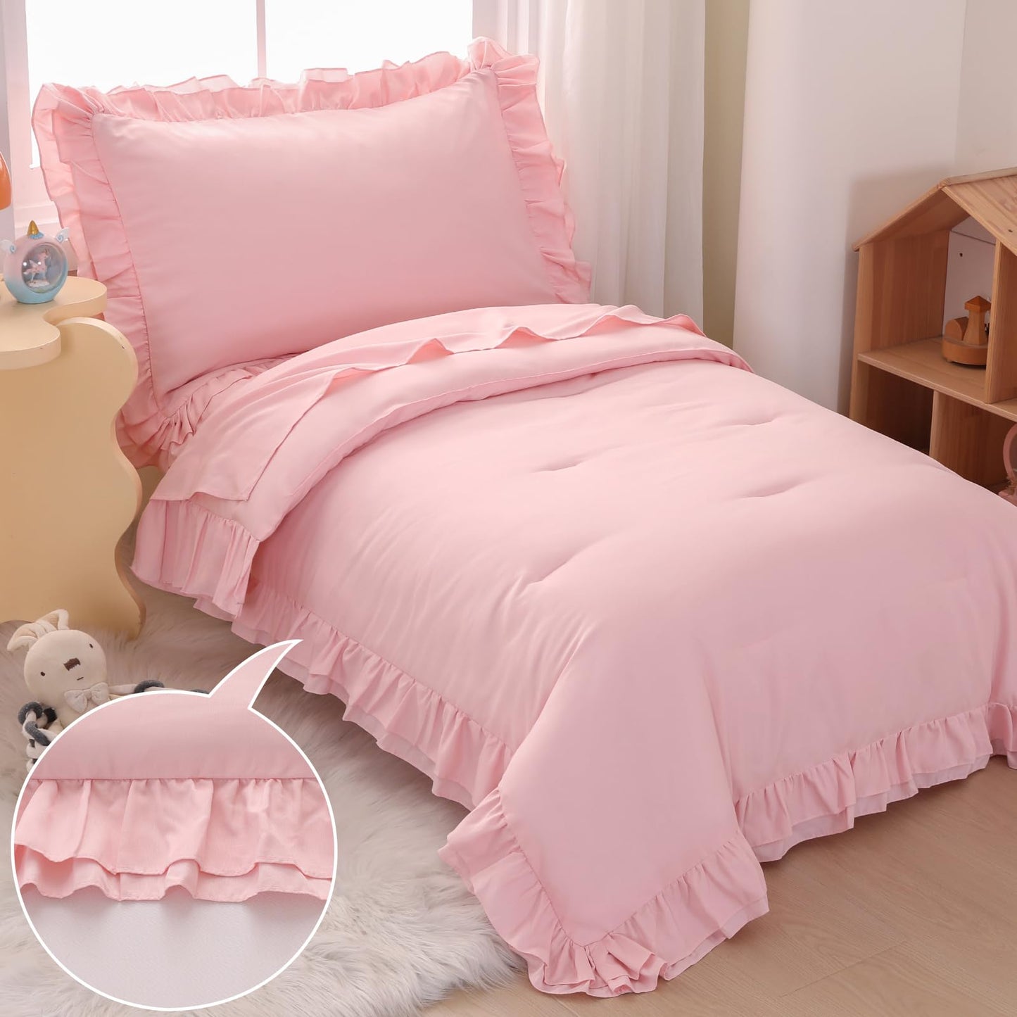 Wowelife Toddler Bedding Set for Girls, 4 Piece Double Ruffles Soft and Breathable Crib Bedding Set for Girls, Includes Quilted Toddler Comforter, Fitted Sheet, Flat Sheet and Pillowcase, Pink