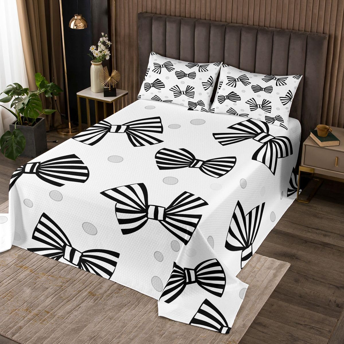 jejeloiu Black White Bow Bedspread Queen Size Stripes Wave Point Coverlet Set Dreamy Princess Quilted Coverlet for All Season with 2 Pillowcases Microfiber Lightweight