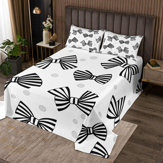 jejeloiu Black White Bow Bedspread Queen Size Stripes Wave Point Coverlet Set Dreamy Princess Quilted Coverlet for All Season with 2 Pillowcases Microfiber Lightweight