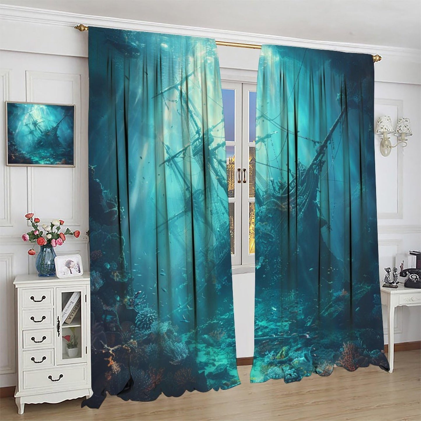 TOWINSFB Ancient Pirate Ship Blackout Curtains, Fish Shoal Mysterious Undersea World Coral Home Decor Rod Pocket Window Drapes for Living Room Bedroom - 42" W x 63" L