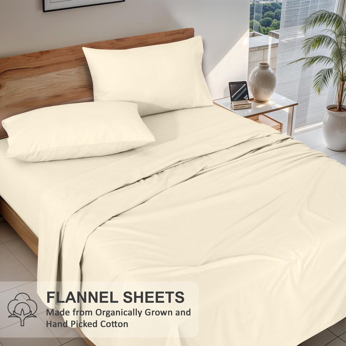 RUVANTI Flannel Sheets Queen Size - GOTS Certified 100% Organic Cotton, 4 Piece Warm, Soft & Breathable Set, Deep Pocket Snug Fit, Double Brushed Cozy All Season Bedding, Winter White