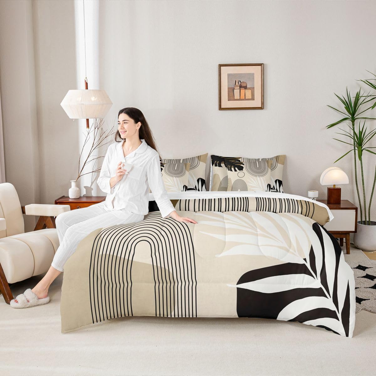 Erosebridal Boho Mid Century Full Comforter Set with Sheets, Modern Minimalist 7 Pcs Bedding Set, Abstract Arch Geometric Bed in A Bag, Tropical Palm Leaf Aesthetic Bed Sets, Black Beige Brown