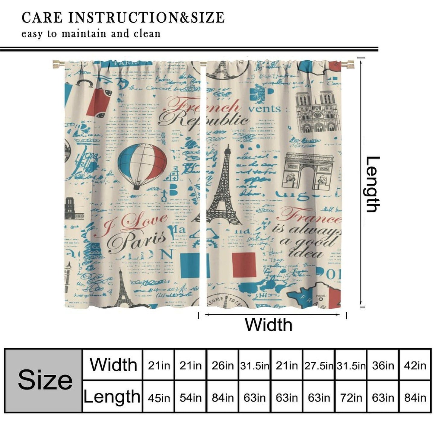 Eiffel Tower Curtains French Flag Paris Architecture Vintage Newspaper Retro Travel Pattern Rod Pocket Window Treatments Living Room Kids Bedroom 2 Panels Set 41" x 45" （No Blackout）