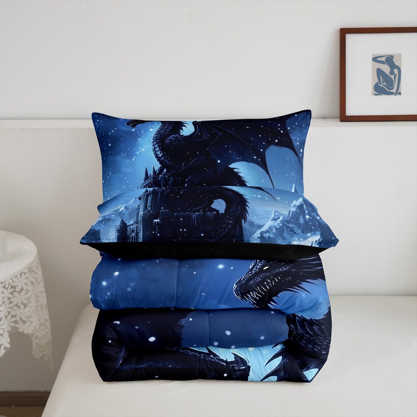 Mystery Dragon Kids Comforter Sets Toddler Size,Exotic Wildlife Castle Animals Bedding Comforter Sets,Winter Animals Heavy Snow Quilt Sets,Natural Snow Mountain Duvet Insert with 1 Pillowcase