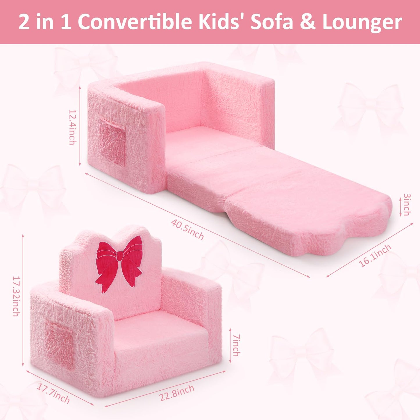 Novabright Kids Chair or Couch for Toddler, 2-in-1 Soft Foldable Couch, Comfy Toddler Chair, Convertible Sofa to Lounger, Gifts for Kids Girl Boys for Birthday Children's Day (Bow)