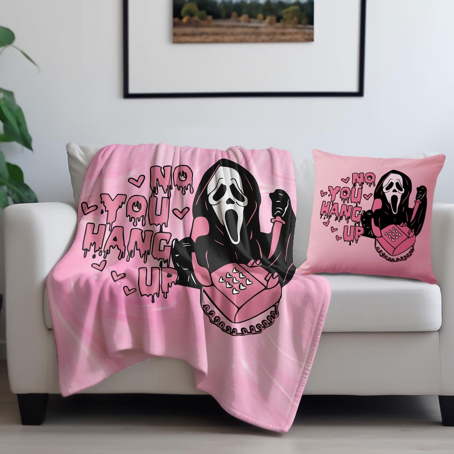 50''x 60'' Funny No You Hang Up Pink Horror Ghost Fleece Throw Blanket - Cozy Lightweight Thick Blanket - Soft Fuzzy Plush Blankets Throws- Halloween Day Gifts for Bedroom Bed Sofa