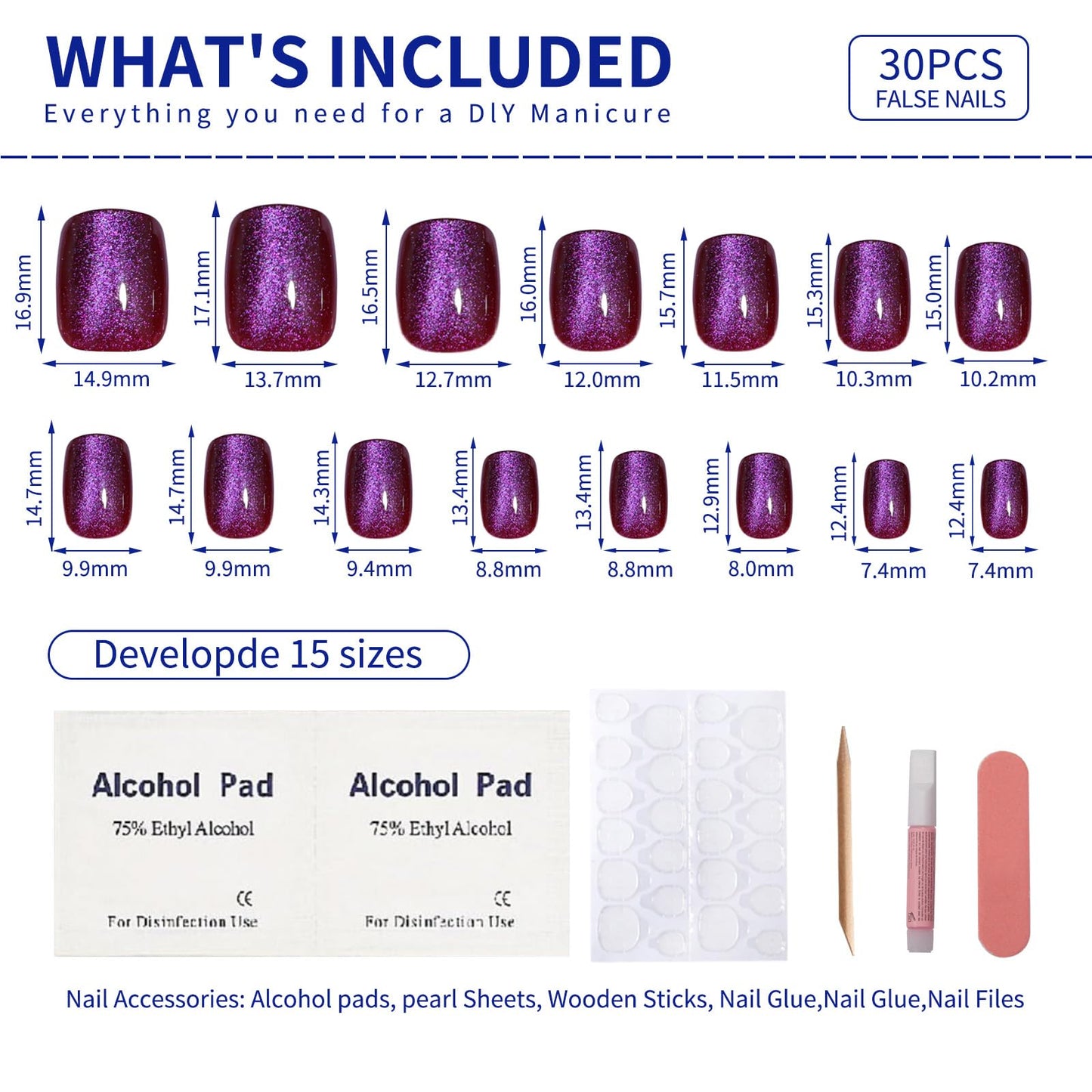 Stbisen Pink Purple Cat Eye Press On Nails Short Square, Magenta Tone Cat Eye Nail Design, High Saturation Color Glossy Soft Gel Fake nails, Reusable Glue On Nails for Women, Party Holiday, 30Pcs