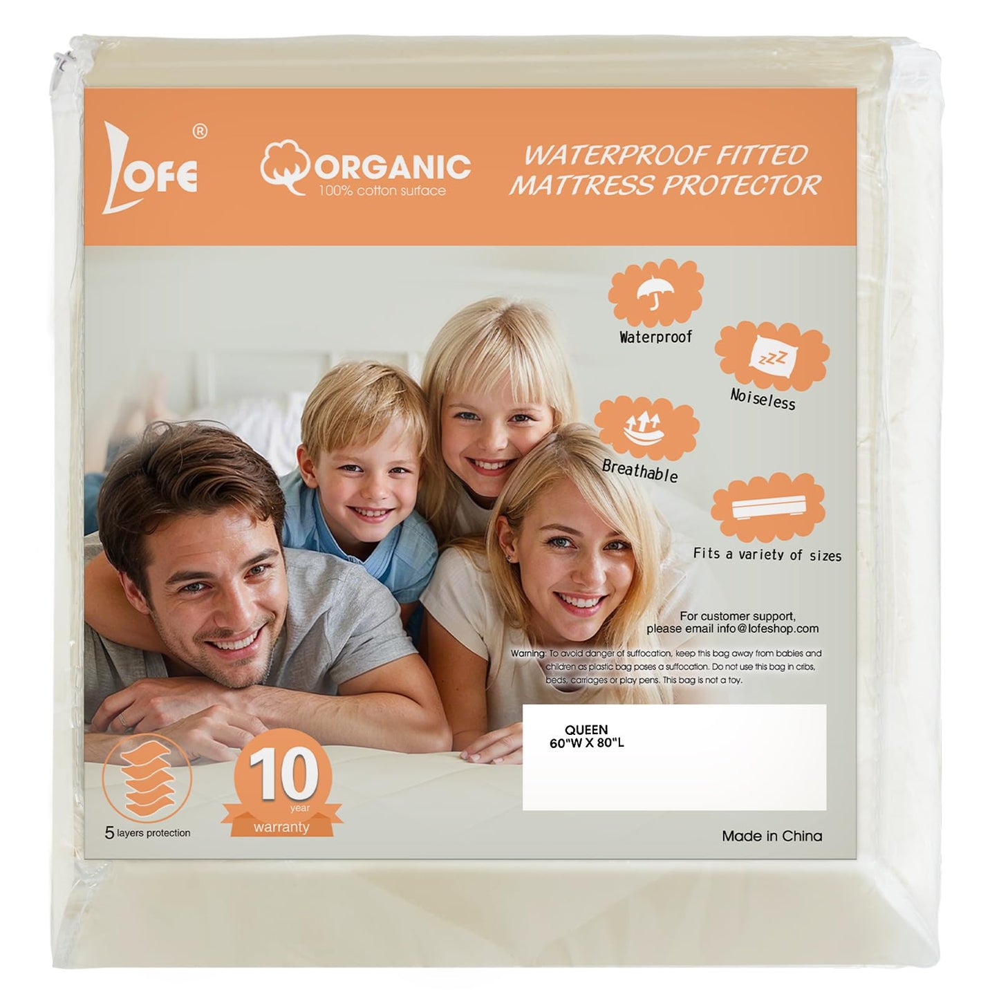 Lofe Organic Queen Mattres Protectors - Top&Side 100% Waterproof Mattress Protectors, Breathable Organic Mattress Protector, Noiseless Queen Mattress Protector Waterproof 80x60x17 in