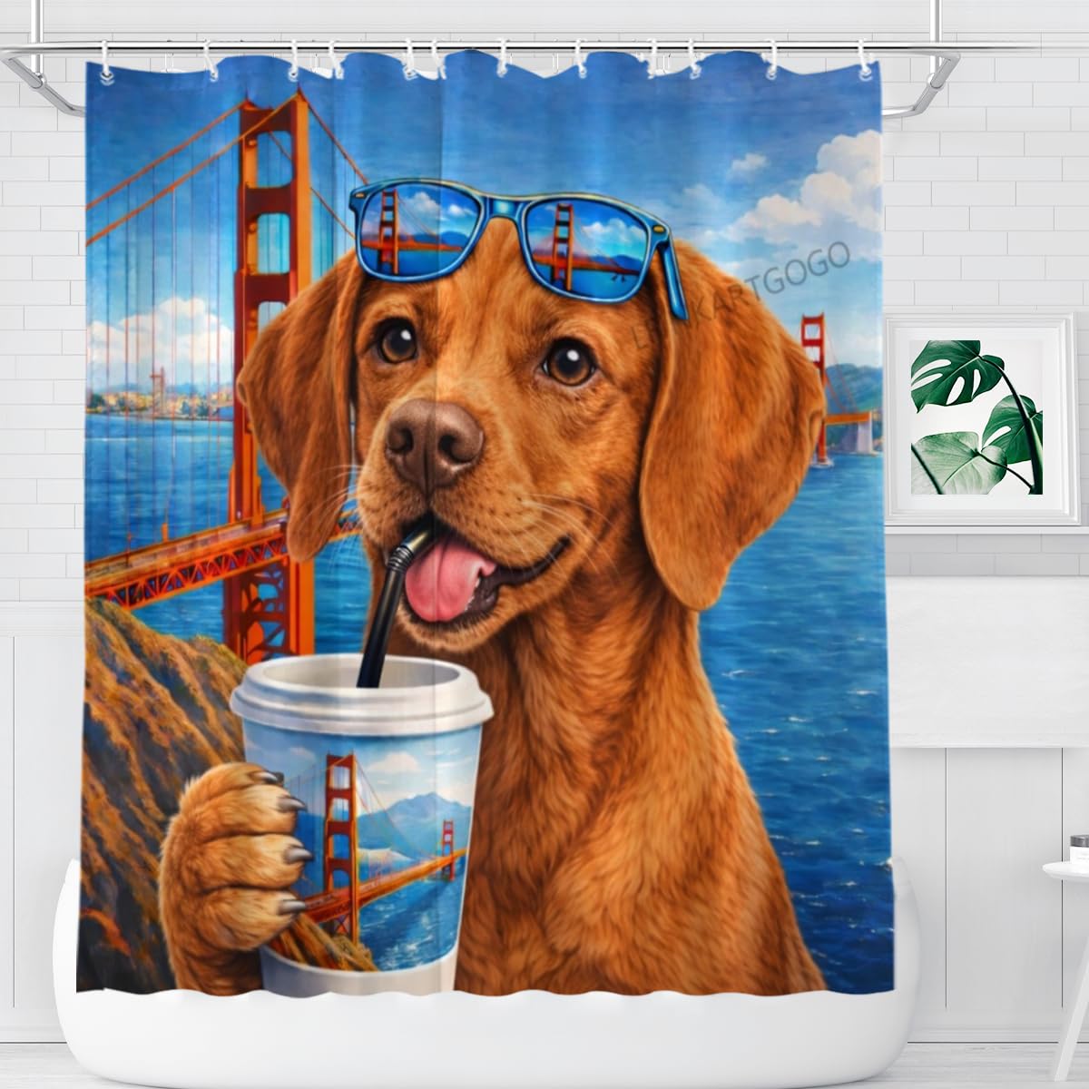 LFINKARTGOGO Golden-Gate-Bridge Vizsla-Dog Shower Curtain 72x72 Inch with 12 Hooks Coastal Cityscape Bathroom Decor Cute Puppy Waterproof Washable Polyester Bath Curtain