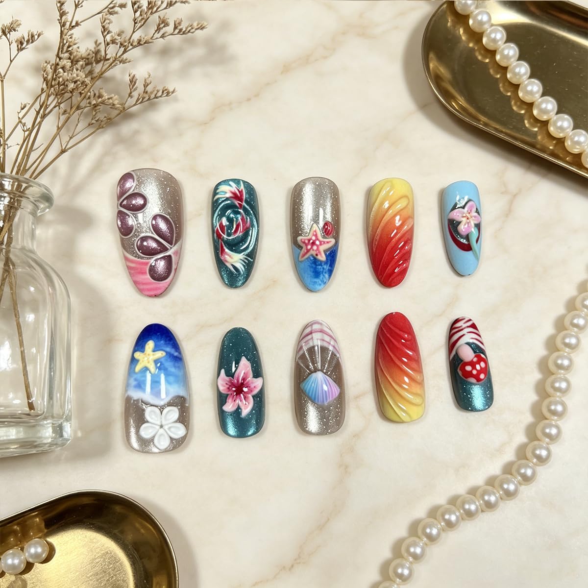 3D Press On Nails Almond Medium Fake Nails with Cat's Eye Embossed Marine Life&Floral French Designs, Acrylic Artificial Nail Press ons False Stick On Nails for Women Girls 30Pcs