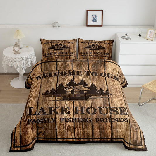 Rustic Lake House Comforter Set Queen Size,Farmhouse Wooden Bedding Set Kids Girls Teens Adults,Lake House Bedroom Decor Boating Lover Style Quilt Set Vintage Cabin Duvet Insert 3Pcs,2 Pillowcases