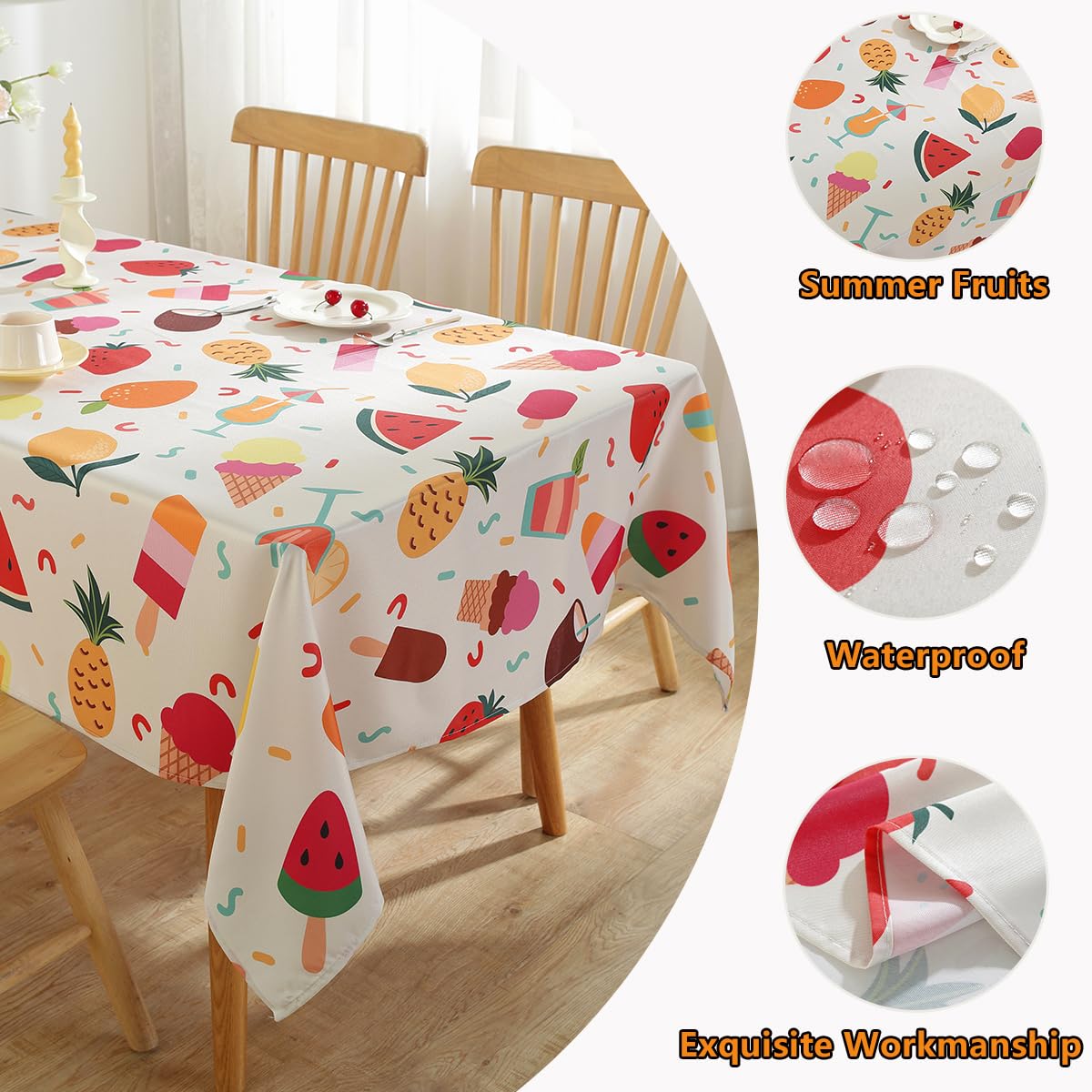 SASTYBALE Summer Tablecloth Rectangle 52 x 70 Inch, Lemon Ice Cream Pineapple Watermelon Strawberry Fruit Print Table Cloth, Spill Proof Polyester Table Cover for Dining, Party, Indoor, Outdoor