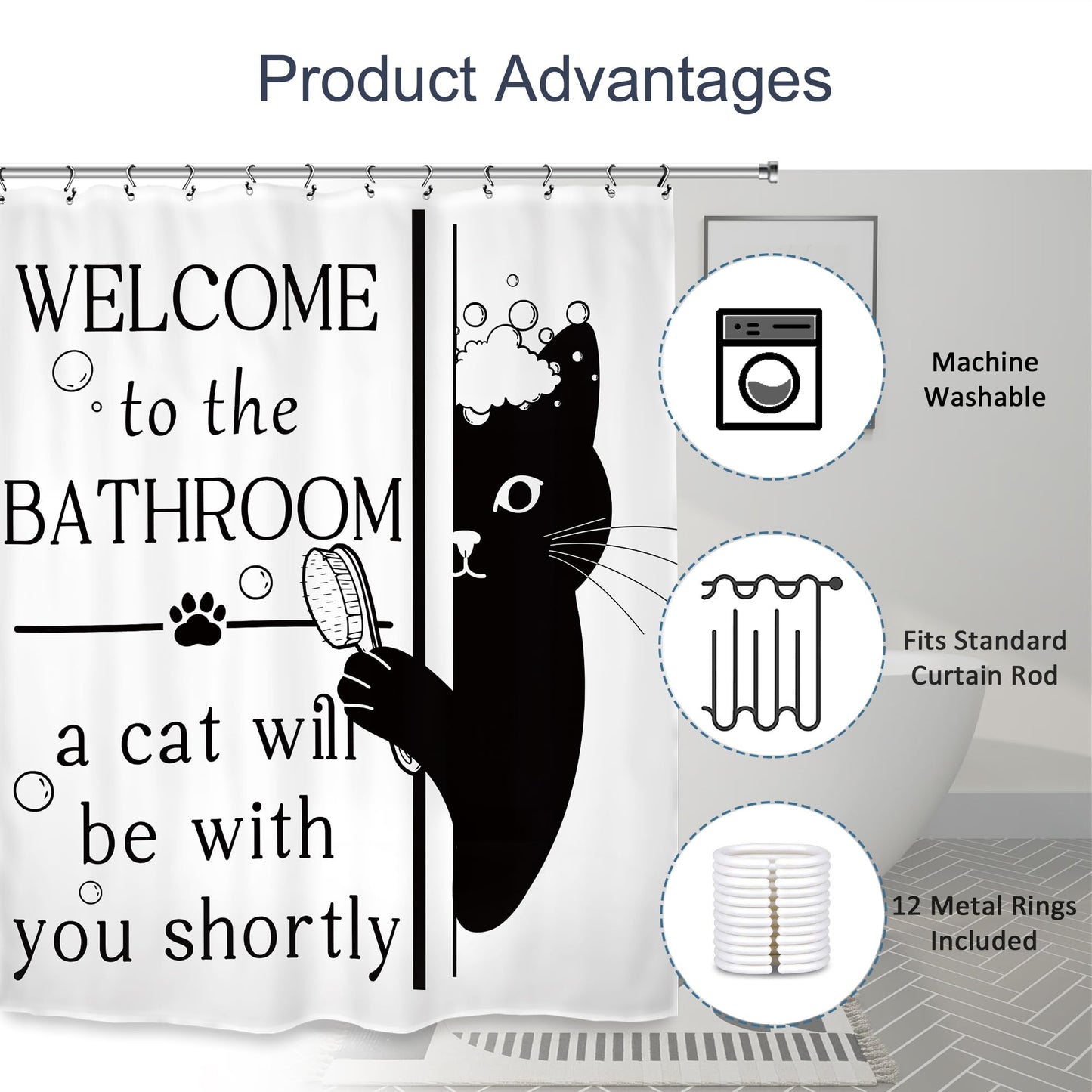 Kalmico Funny Hilarious Black Cat Shower Curtain 60Wx72L Inch Black White Cute Pet Animal Interesting Bathroom Set Accessories Decor with 12 Pack Hooks