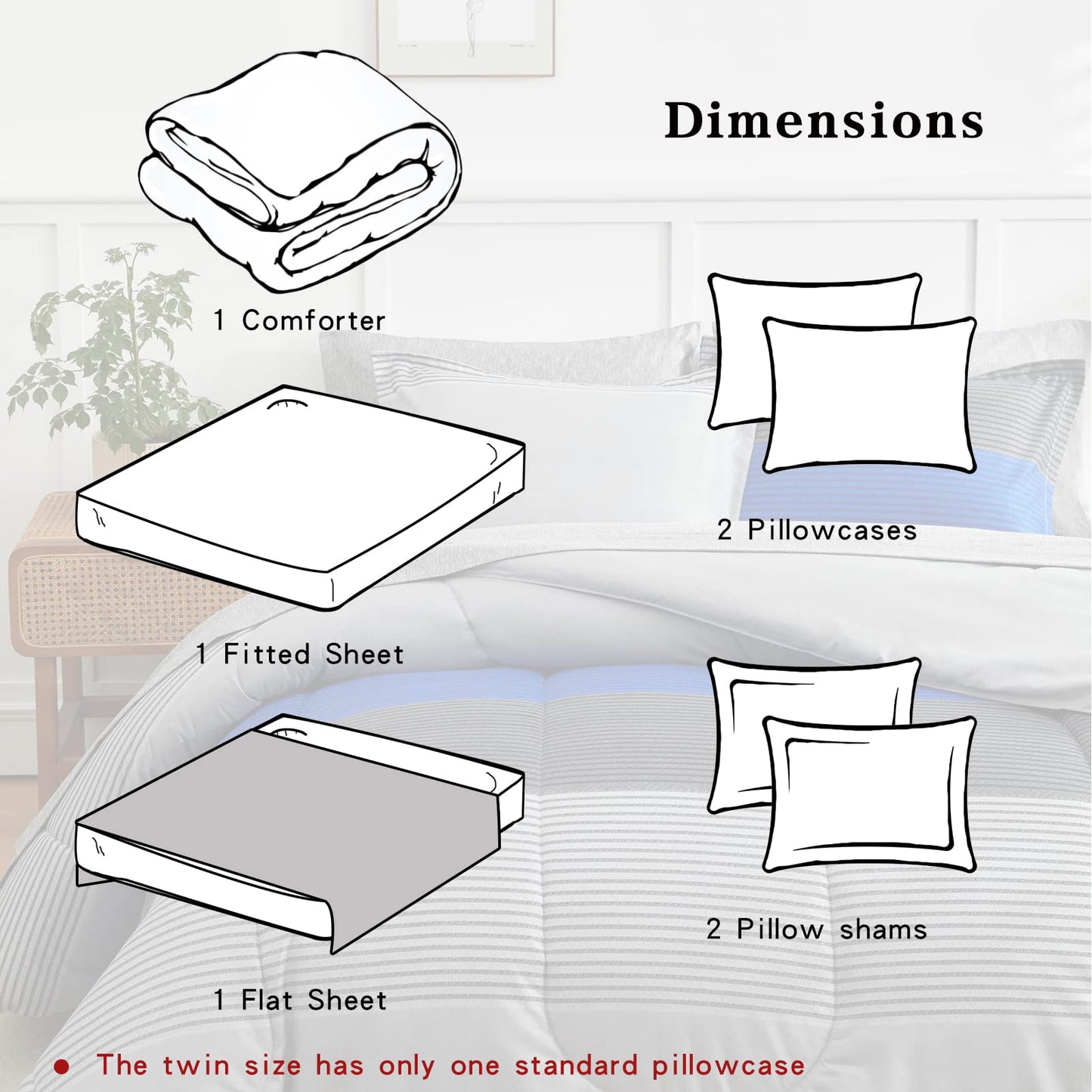 Flysheep Ombre Striped Bed in a Bag 7 Pieces Queen Size, Blue and Grey Stripes Comforter Sheet Set (1 Comforter, 1 Flat Sheet, 1 Fitted Sheet, 2 Pillow Shams, 2 Pillowcases)