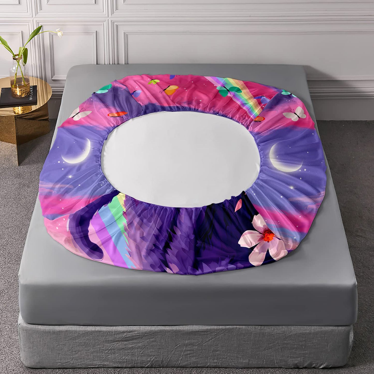 HOSIMA Cat Rainbow Floral Fitted Sheet, Kawaii Toddler Bedding Set for Girls Teens Room Decor Aesthetic, Purple Twin Sheet Set With 2 Pillowcases