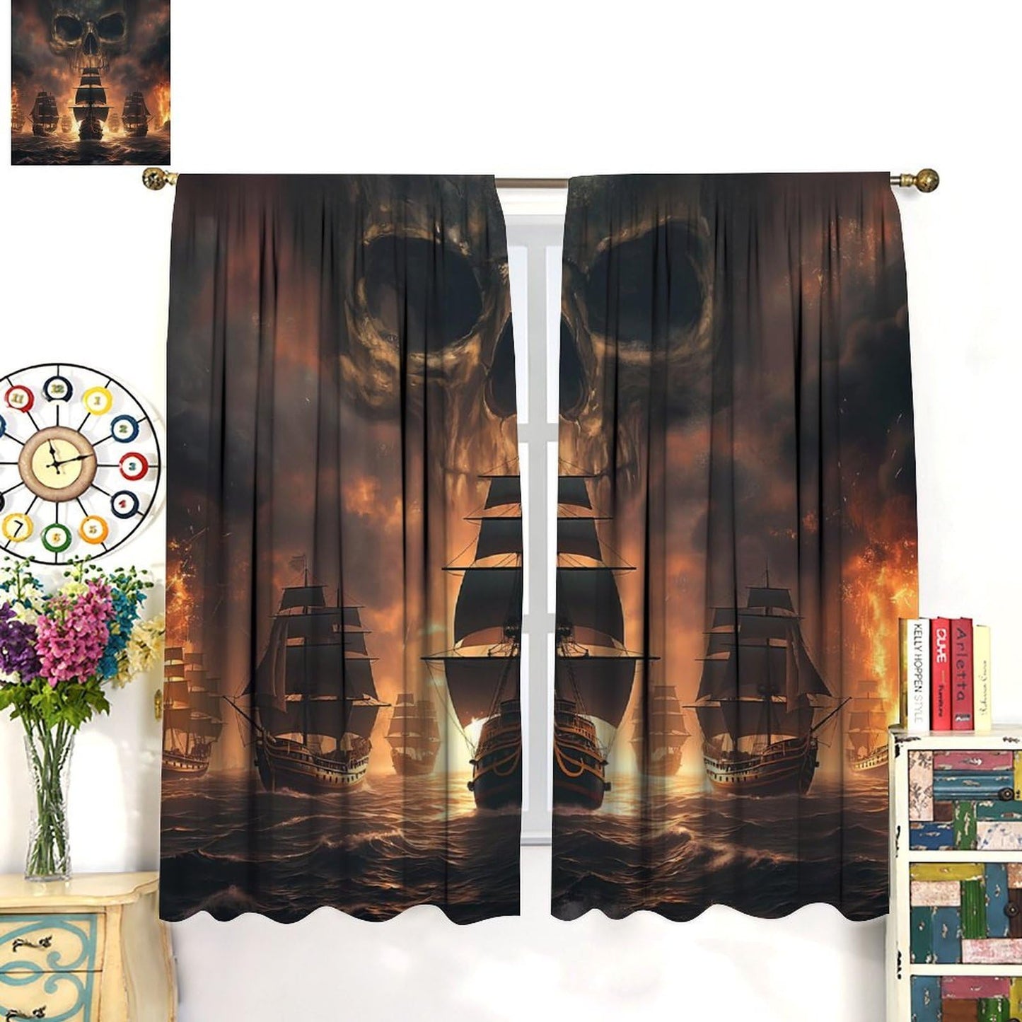 wlsgdsg Pirate Ship Curtains for Boys Cartoonish Cool Medieval Ocean Flame Skull Sailboat Pattern Window Treatments for Kids Boys Bedroom Living Room 42x44.5In（No Blackout）