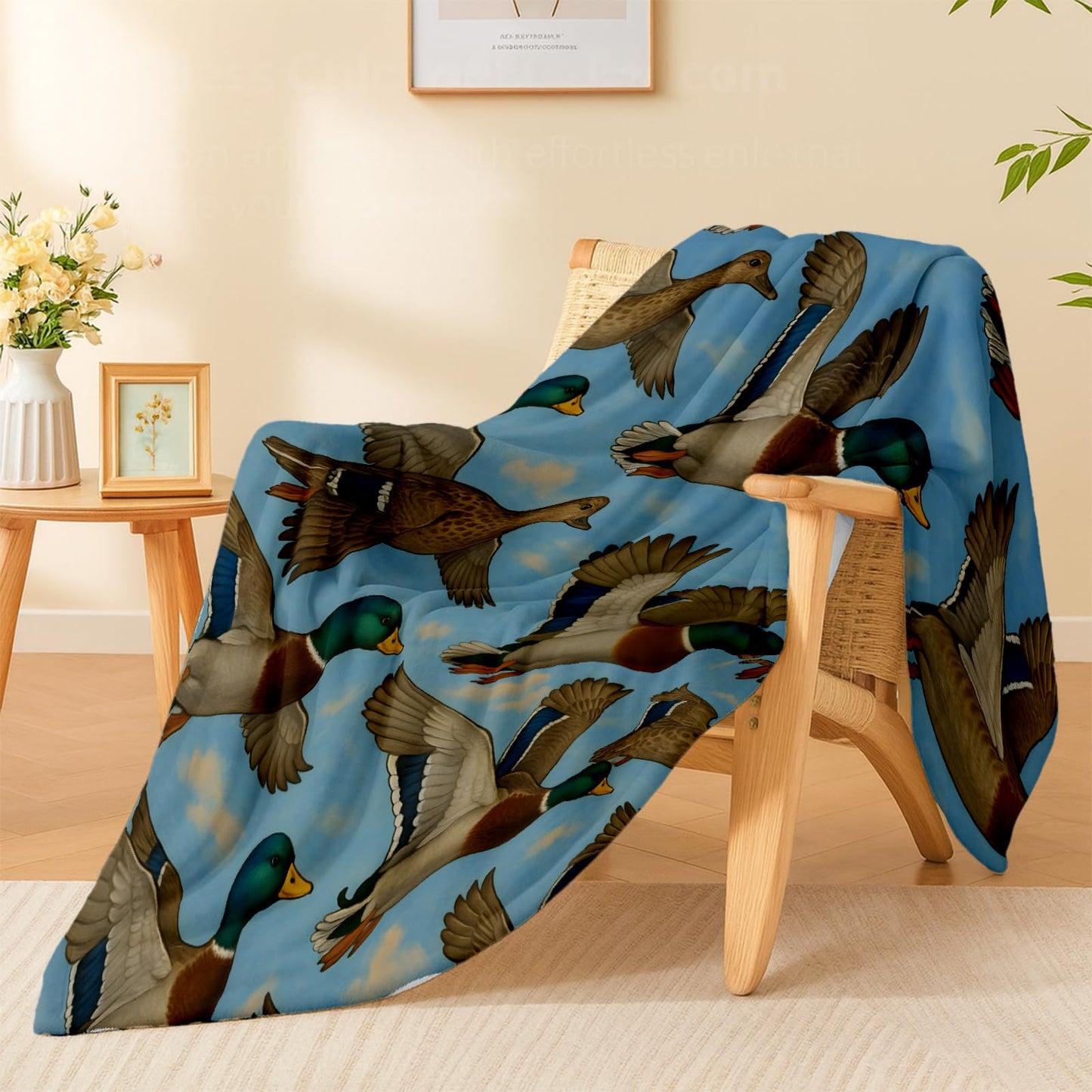 Flying Mallard Duck Blanket, Lightweight Cozy Blue Sky and Clouds Throw Blanket Gifts for Women Men Girls Kids, 50×60 Inch Soft Warm Flannel Throws for Bed Decor Travel Couch