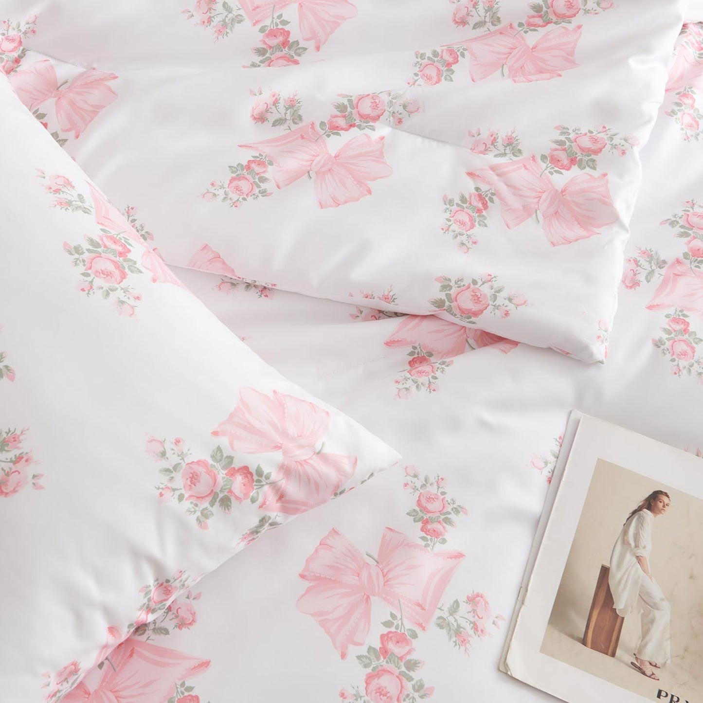 Nayoroom Pink Bow Comforter Set Queen Size Pink Floral Bed Comforter for Girls 3 Pieces Soft Lightweight Kids Cute Coquette Bedding Set for All Seasons