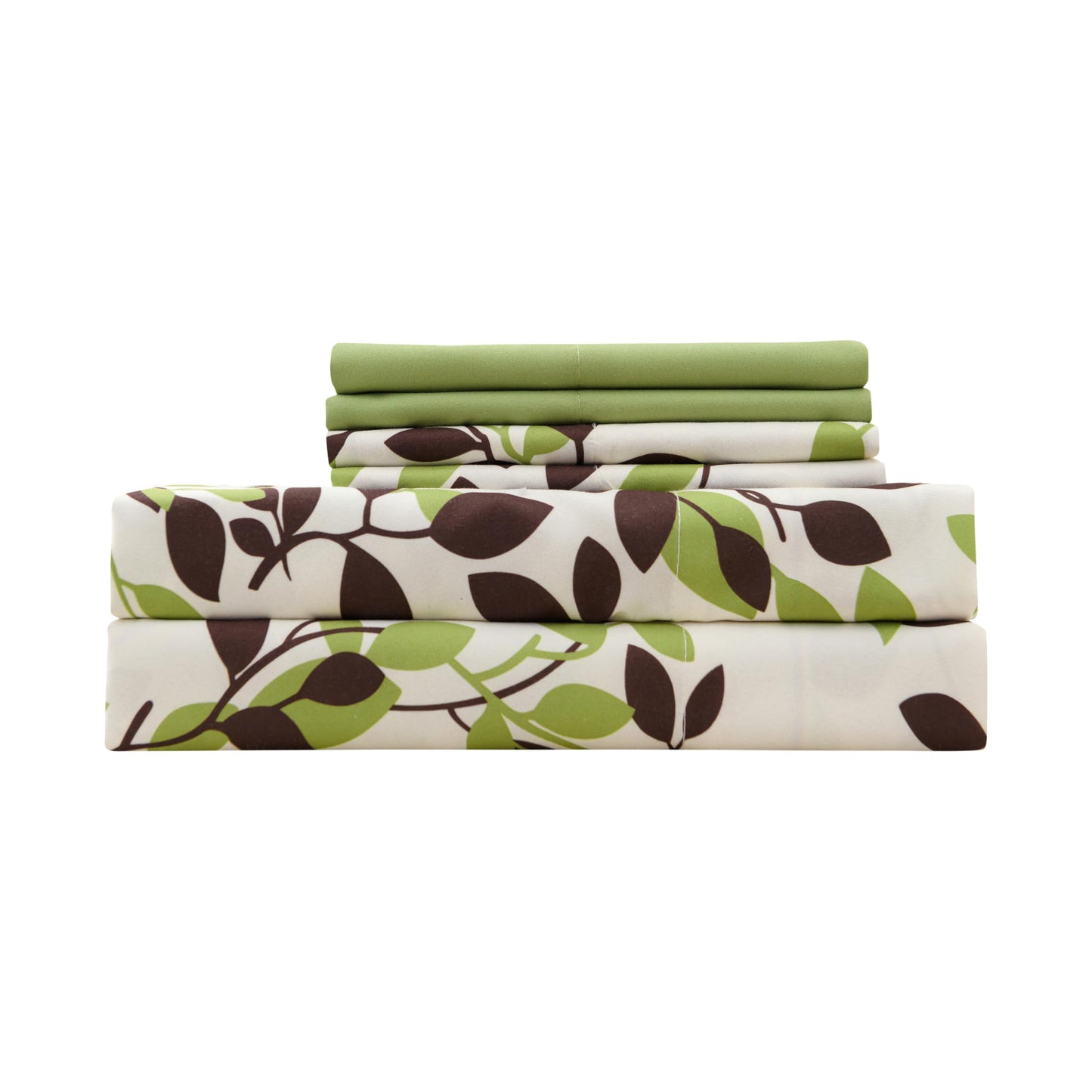 Spirit Linen Home 6-Piece Queen Size Bed Sheet Set - Deep Pocket, Green Leaf Pattern, Soft and Breathable Bed Sheets, Microfiber Material, Includes 1 Fitted, 1 Flat, 4 Pillowcases - Beige/Green Leaves