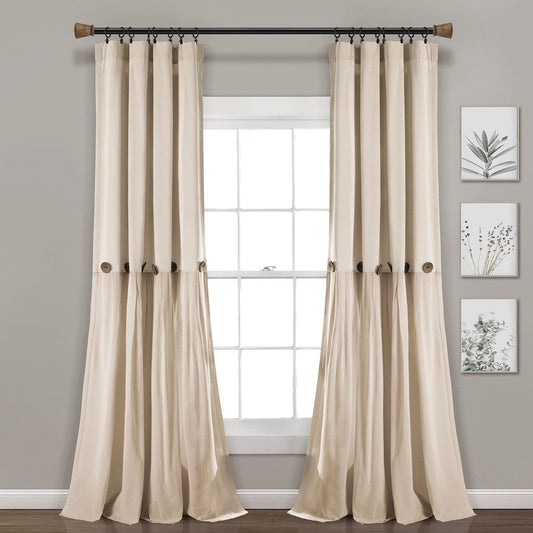 Lush Decor Linen Button Window Curtain Panel, Single, 40" W x 108" L, Dark Linen - Country Curtains - Rustic Decor - Color Block Modern Farmhouse Curtains For Living Room, Bedroom & Dining Room