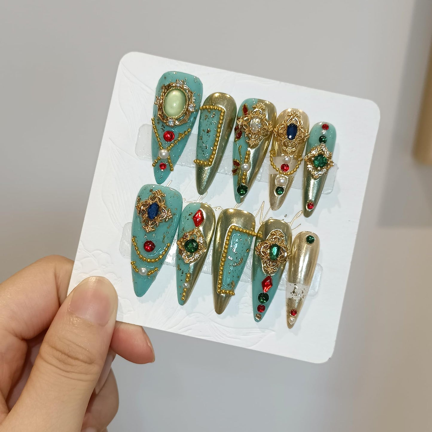 TENPAL Handmade Palatial Press On Nails Long Stiletto,Heirloom Chrysoberyl & Ruby Inlaid Designs Glue on Nails, Artisan Cameo False Nails 10Pcs with Tools Kit,Reusable Wedding Fake Nails for Bride(S)