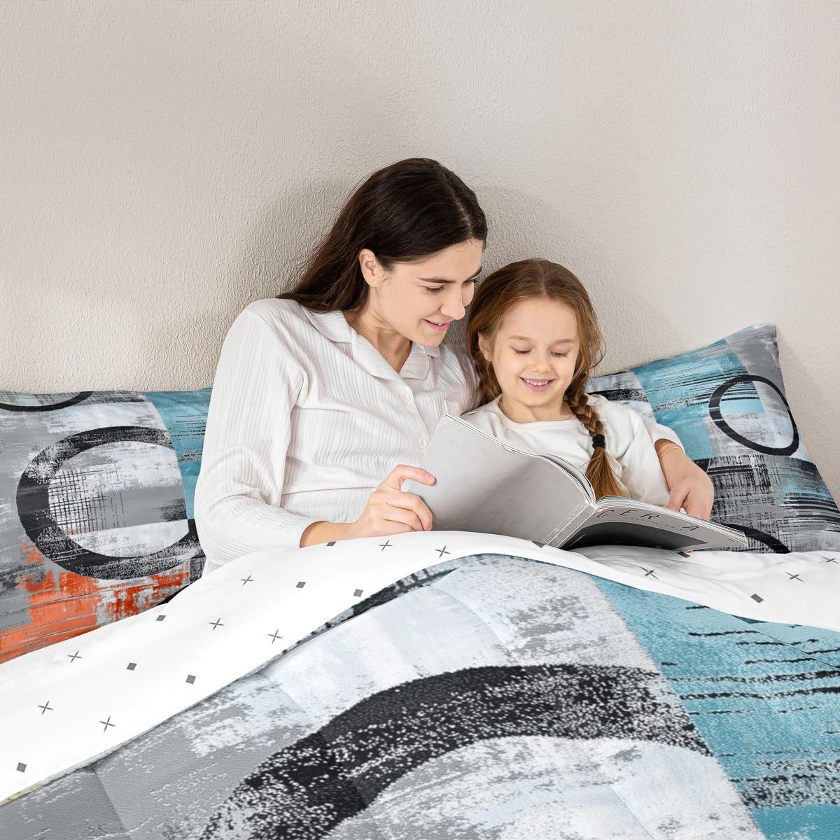 Feelyou Abstract Bedding Set Soft Modern Abstract Art Comforter Set Full Size Geometric Duvet Quilt Luxury Bedroom Decor Orange Blue 3 Pcs with 2 Pillow Cases