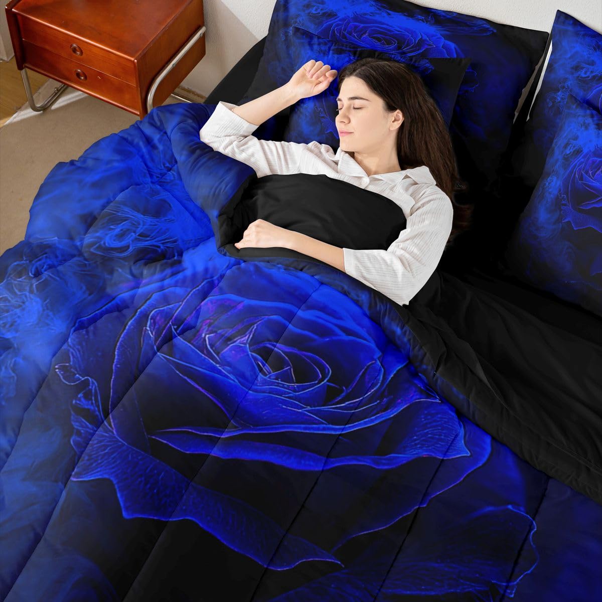Erosebridal Rose Floral 7 Piece Comforter Set Full Ombre Black Blue Bedding Set for Girls Women Romantic Valentine Sheets 3D Print Flowers Quilt Comforter Blossom Petals Sheet Set Bedroom Decor
