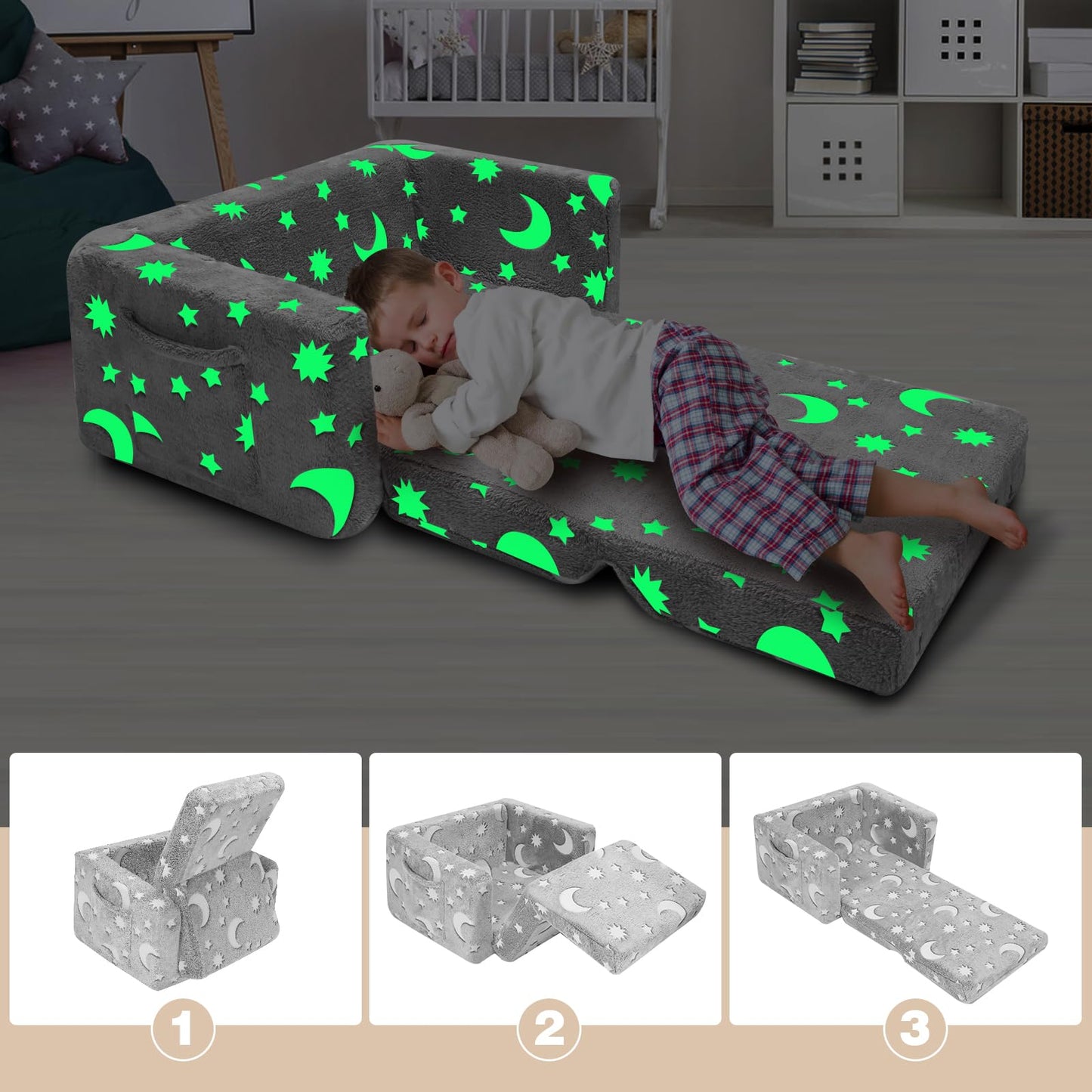 SLIGUY Kids Chair, Toddler Couch, Fold Out Sofa Chair, Toddlers Convertible Sofa to Lounger Pull Out Couch, Glow in The Dark Sofa Chair for Boys and Girls Large (Grey)