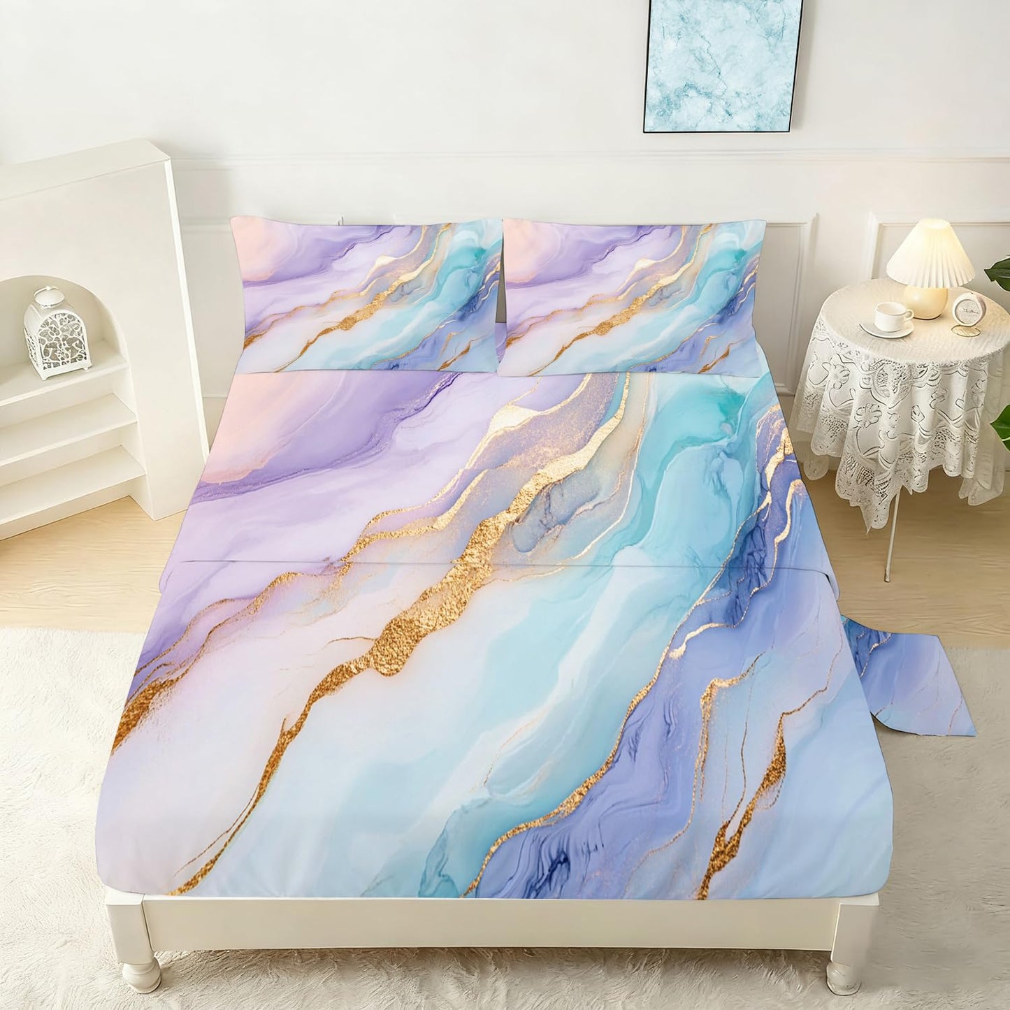 VTKON Pastel Marble Sheets Sets Twin Size Elegant Marbling Fitted Sheet Set Colorful Bed Sheet for Kids Teens Adults Modern Bedspread 1 Fitted Sheet+1 Flat Sheet+1 Pillowcase