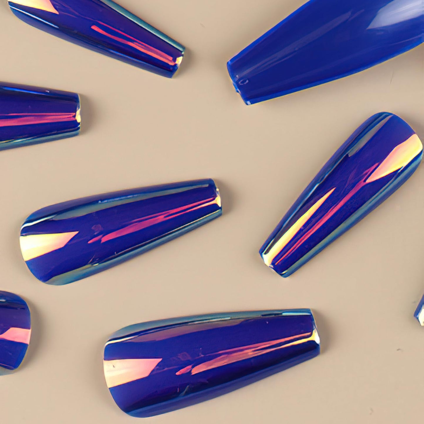 ROFIBUT 24PCS Chrome Press on Nails Fluorescent Laser Mirror Holographic Coffin False Nails Metallic Arts Long Ballerina Glue on Nails Holographic Coffin False Nails Laser Mirror Nails