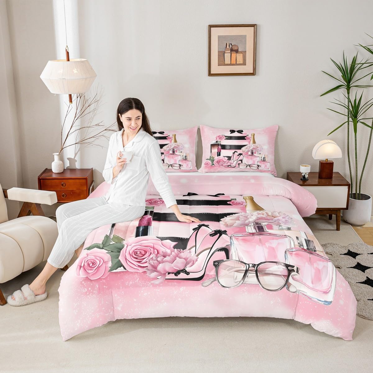 Erosebridal Fashion Luxury Girly Comforter King Size Pink Floral Bedding Set for Girls Women Kids High Heel and Perfume Bed Sets Boho Coquette Trendy Elegant Aesthetic Duvet Insert,Pink and Black