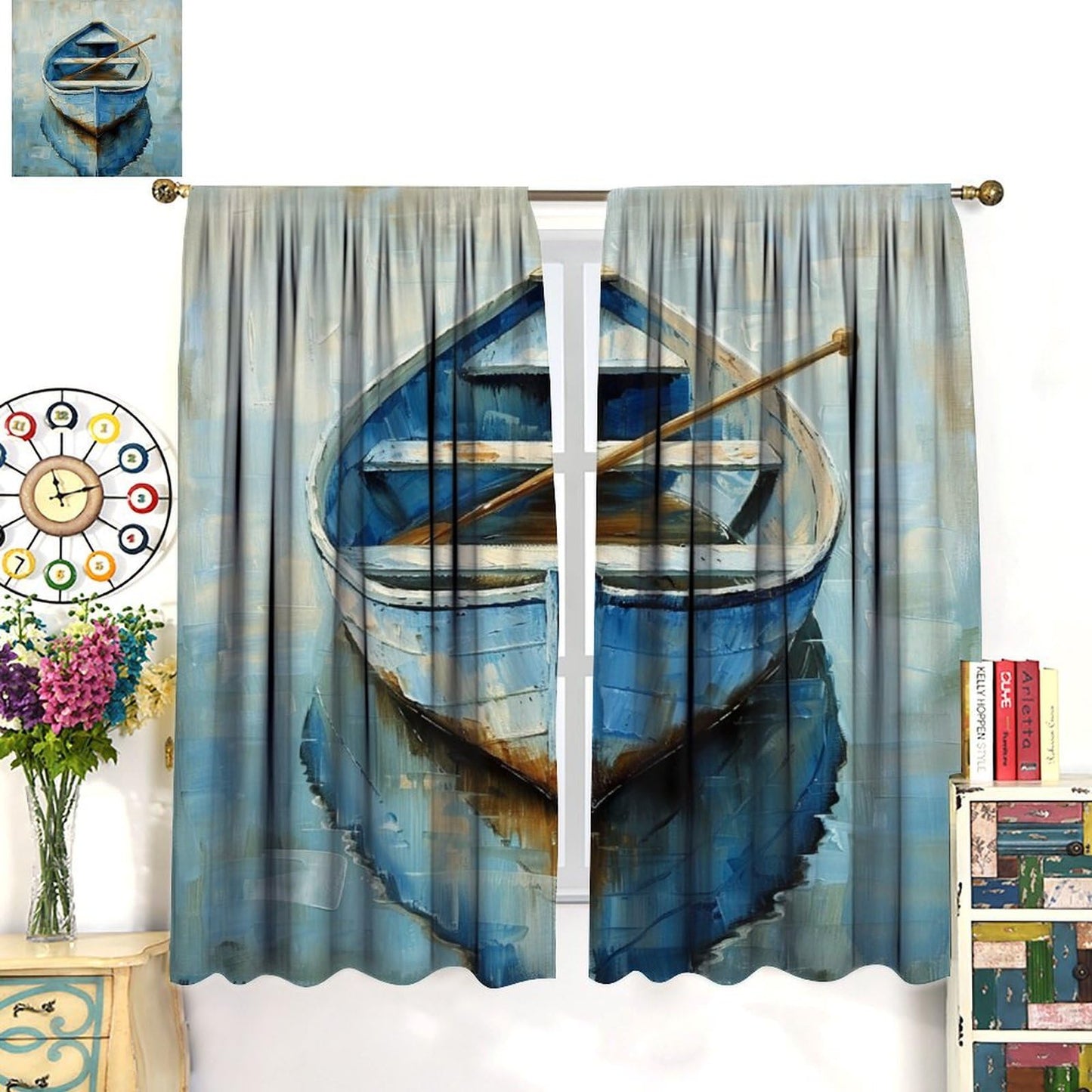 TOWINSFB Oil Painting Boat Blackout Curtains for Bedroom Living Room, Blue Wooden Ship Lake Curtains Rod Pocket Thermal Insulated Window Drapes, 2 Panels/Each 21" W x 45" L