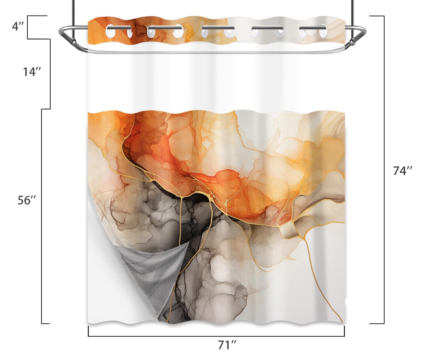 Lvetong Orange Marble Hookless Shower Curtain, 71" W x 74" L