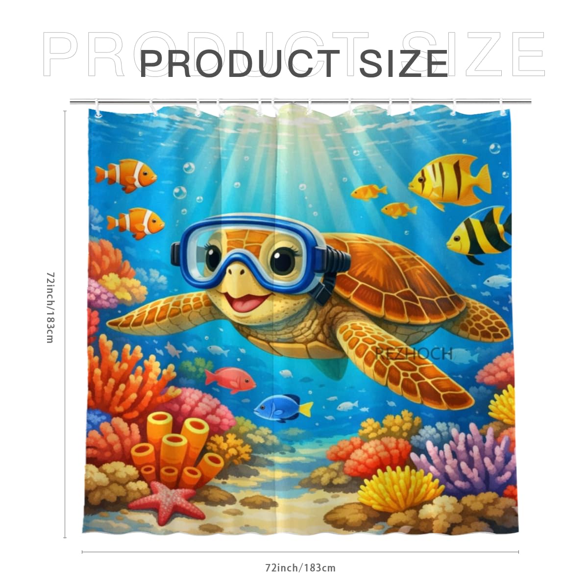 REZHOCH Kids Ocean Shower Curtain 72x72Inch Fun Sea Turtle Snorkeling Underwater Tropical Fish Coral Reef Home Bathroom Decor,Boy Girl Cartoon Animal Coastal Bath Set with Hooks