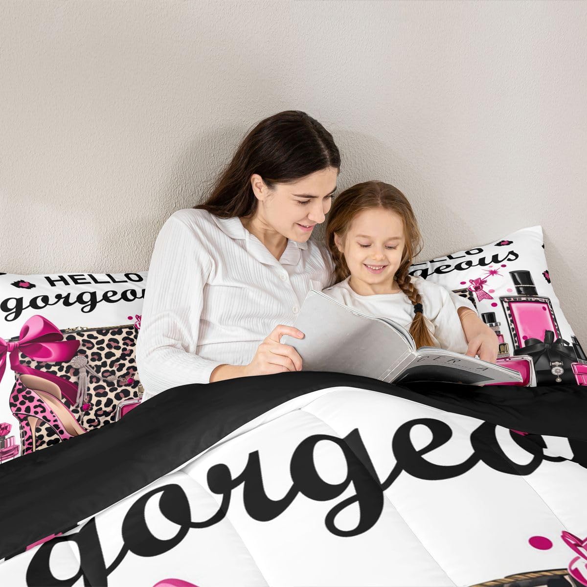 Erosebridal Black and Pink Leopard Print King Bedding Set | Fashion Modern Girly Comforter Set Bow Perfume High Heels Bed Collections Trendy Stylish Girls Duvet Quilt Sets