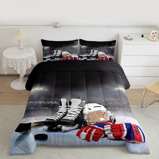 Erosebridal Ice Hockey Comforter Set Queen, Hockey Player Down Comforter for Kids Boys Girls Teens Juvenile, Sports Game Duvet Set, Soft Winter Quilted Duvet Sports Bedroom Decor for All Season