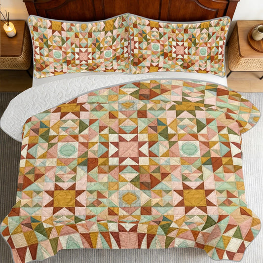 Quilt Set Rustic Geometric Star Patchwork Bedspread for Farmhouse Bedroom Decor, Soft Lightweight Microfiber Coverlet with Matching Shams, Easy Care Machine Washable, Full/Queen