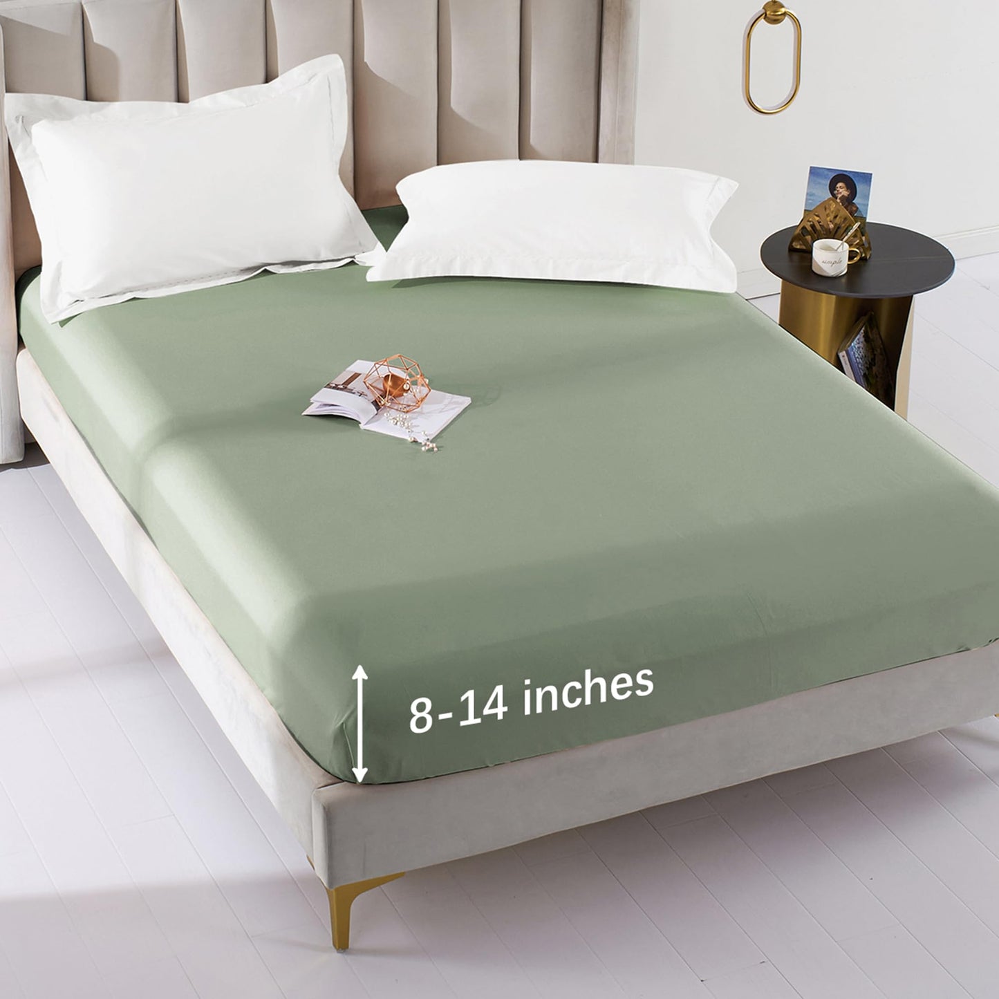 MILDLY Deep Pocket Fitted Sheet Only Queen Size 60"x80" 100% Long Staple Cotton Tea Green Breathable Bottom Sheet Fits Up to 14" Deep Mattress