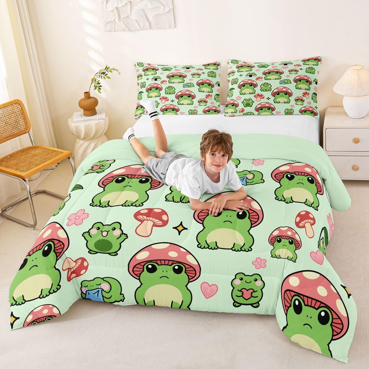 Mushroom Frog Comforter Set Queen Size Cute Mushroom Bedding Set 3pcs for Kids Girls Boys Bedroom Decor Cartoon Animals Plants Quilt Set Pink Green Duvet Insert,2 Pillowcases